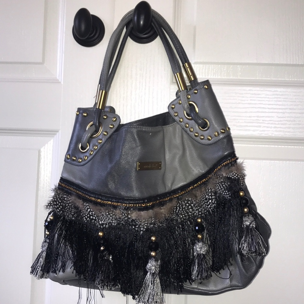 Nicole Lee Gray Purse with Fringe & Feather detail